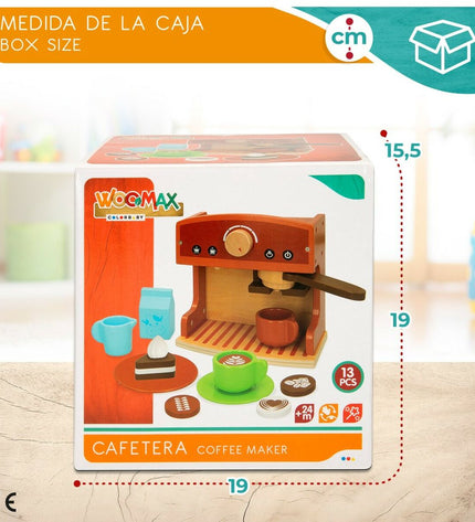 Set of four Woomax toy coffee machines for pretend play, featuring colorful, realistic designs in a playful toy set for children.