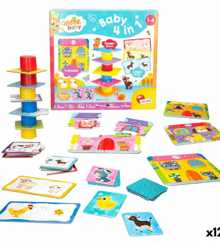 Lisciani Giochi Carotina Baby 4-in-1 farm puzzle set with 12 pieces, colorful educational toy for toddlers, farm-themed design.