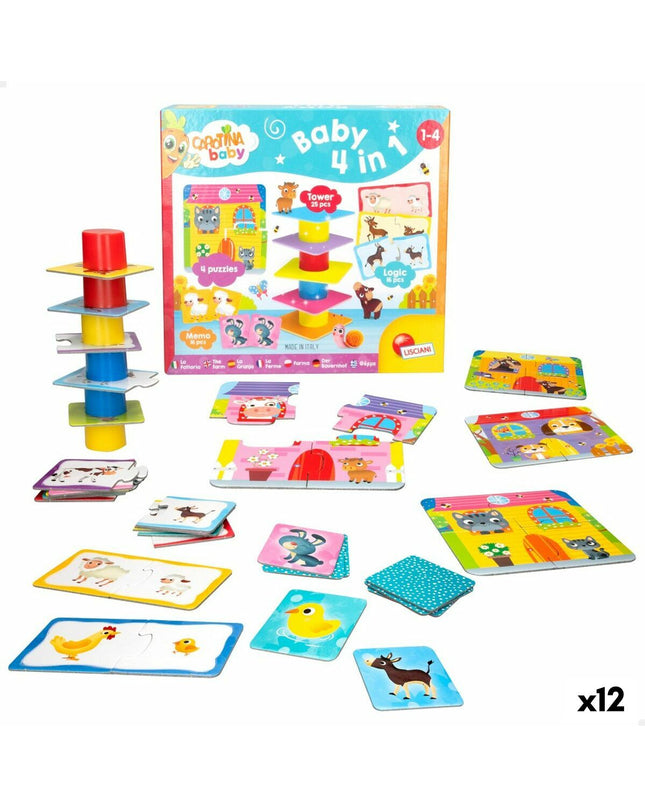 Lisciani Giochi Carotina Baby 4-in-1 farm puzzle set with 12 pieces, colorful educational toy for toddlers, farm-themed design.