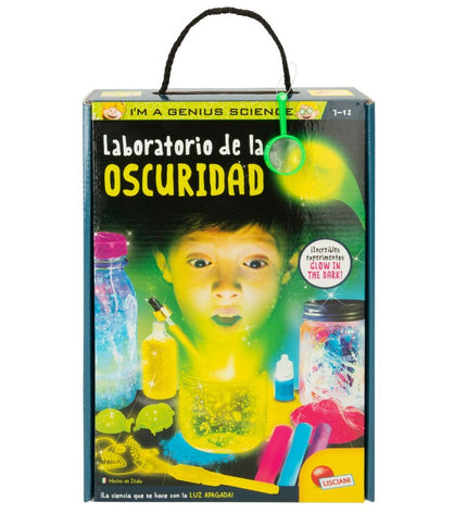 Lisciani Giochi Wetenschapsspel lab set with dark-themed educational toys for learning and play, six-piece laboratory kit.