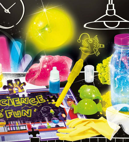 Set of six Lisciani Giochi science lab toys for learning and education, featuring dark-themed experiment tools and materials.
