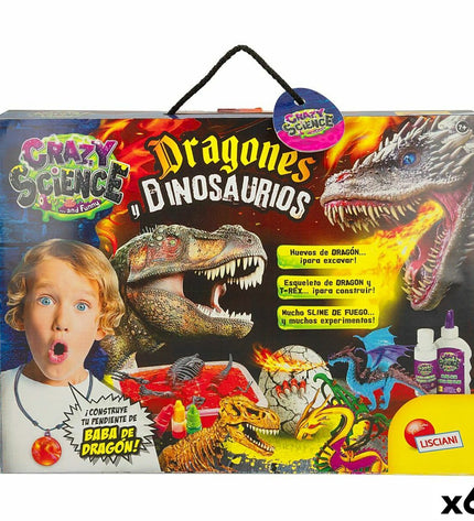 Set of six Lisciani Giochi science and dinosaur-themed educational toys with colorful dragon and dinosaur icons in the image.