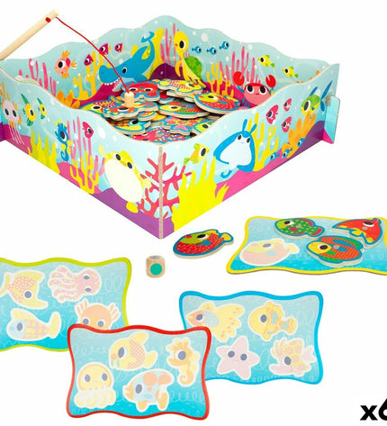 Lisciani Giochi Montessori fishing game set with six colorful toy fish and a fishing rod for children’s educational play.