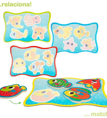 Lisciani Giochi Montessori fish game set with six colorful wooden pieces for educational play and learning activities.
