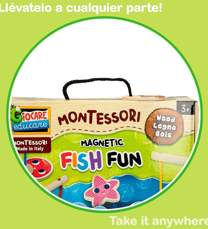 Set of six Montessori fishing game toys by Lisciani Giochi, colorful plastic fish for children's educational play.