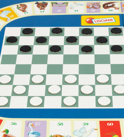 Set of 12 Lisciani Giochi board games, colorful educational toys, and game accessories in a compact box, ideal for family fun.