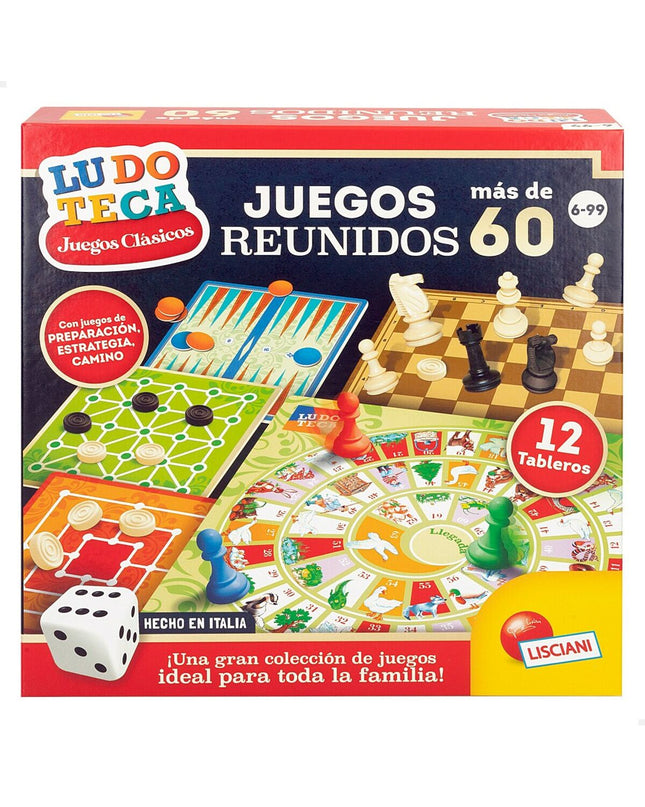 Lisciani Giochi Juegos reunidos board game set with 10 colorful games, featuring compact 26x26 cm size for children’s play.