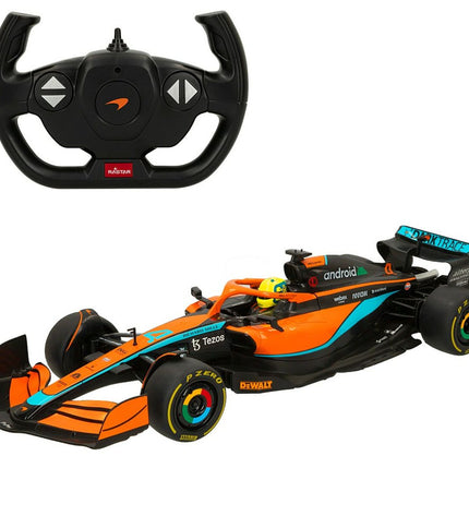 Two McLaren F1 MCL36 remote control toy cars in 1:12 scale, featuring detailed design and vibrant colors, for play and display.