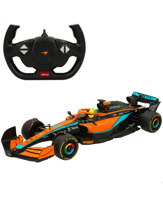 Two McLaren F1 MCL36 remote control toy cars in 1:12 scale, featuring detailed design and vibrant colors, for play and display.