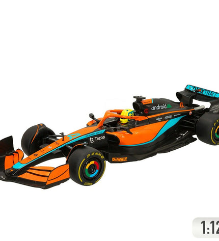Two McLaren F1 MCL36 remote control toy cars in 1:12 scale, detailed red and black design, ideal for play and collection.