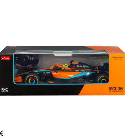 Two McLaren F1 MCL36 remote control toy cars in 1:12 scale, detailed toy vehicles for play and collection.