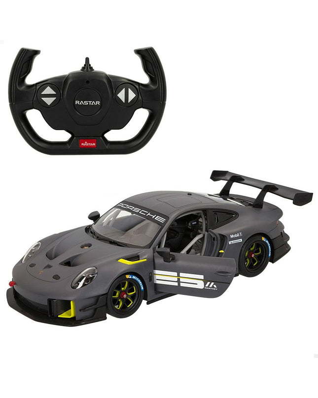 Two Porsche remote-controlled toy cars in red and black, detailed miniature vehicles for play and display.