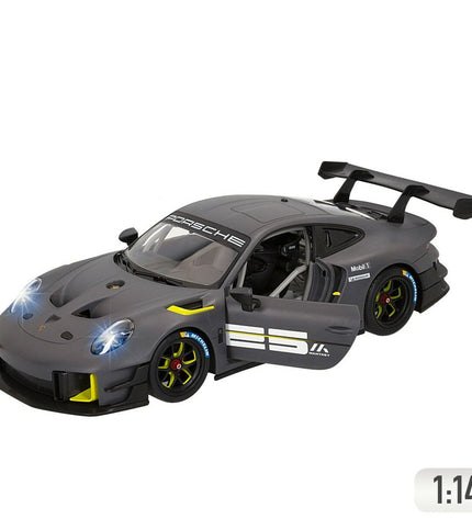 Two Porsche remote-controlled toy cars, detailed miniature vehicles for play and collection, with sleek design and realistic features.