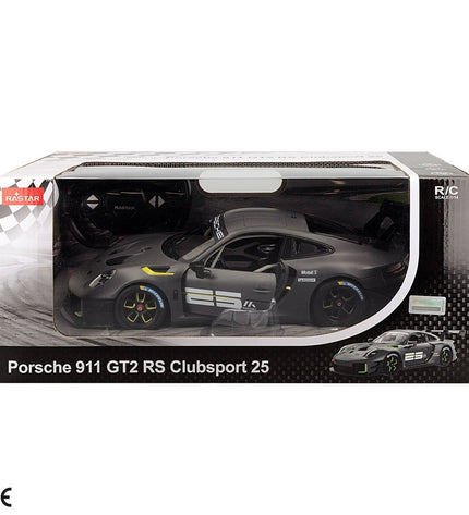 Two Porsche remote-controlled toy cars displayed, featuring detailed design and vibrant colors, perfect for play and collection.