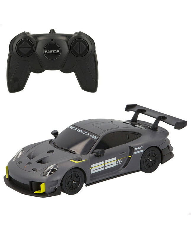 Four Porsche GT2 RS Clubsport remote control toy cars in 1:24 scale, detailed plastic vehicles for play and collection.