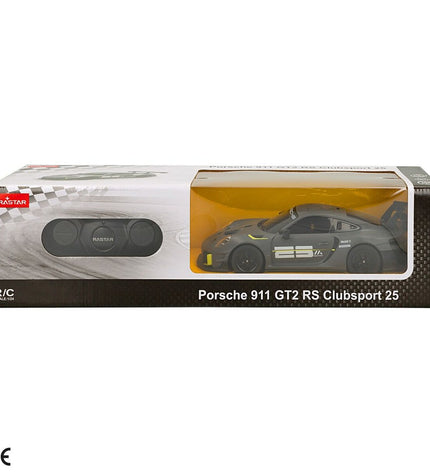 Four Porsche GT2 RS Clubsport remote control toy cars, 1:24 scale, detailed miniature vehicles for play and collection.
