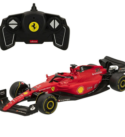 Two remote-controlled Ferrari toy cars in red, designed for children, with detailed exterior and realistic styling.