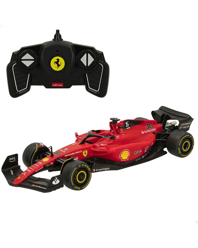 Two remote-controlled Ferrari toy cars in red, designed for children, with detailed exterior and realistic styling.