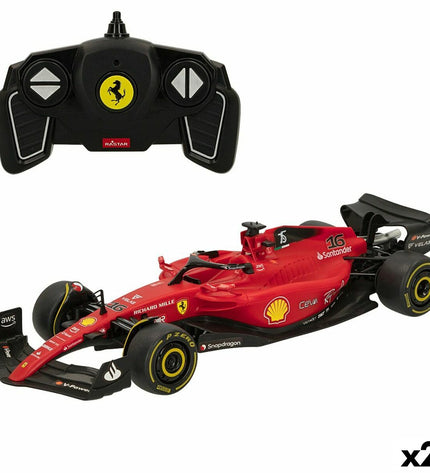 Two remote-controlled Ferrari toy cars, detailed miniature vehicles in red with Ferrari branding, designed for play and collection.