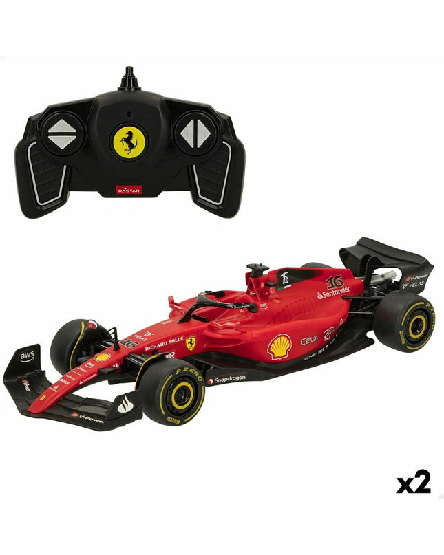 Two remote-controlled Ferrari toy cars, detailed miniature vehicles in red with Ferrari branding, designed for play and collection.