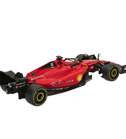 Two Ferrari remote control toy cars, yellow and red, designed for children, featuring detailed exteriors and realistic features.