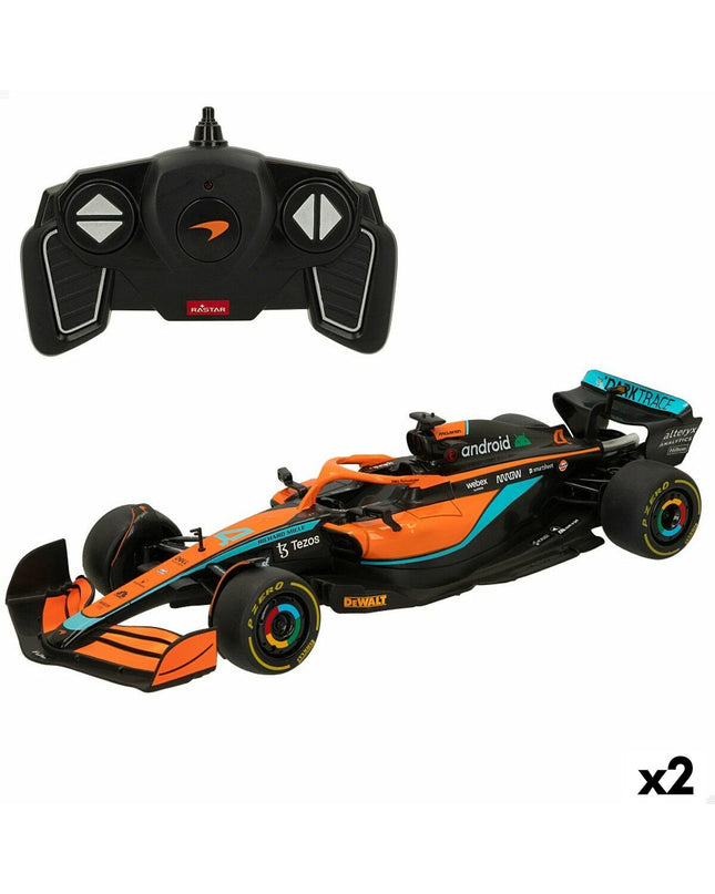 Two McLaren remote-controlled toy cars in red and black, designed for kids, with detailed exterior and toy vehicle features.