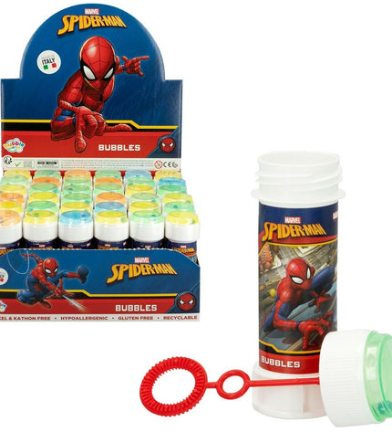 Spider-Man Bellenblazer toy with 60 ml bubbles, featuring Spider-Man branding, in a compact 3.8 x 11.5 x 3.8 cm package.