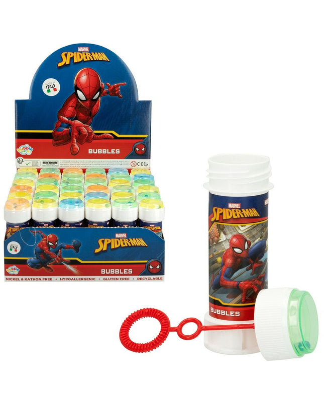 Spider-Man Bellenblazer toy with 60 ml bubbles, featuring Spider-Man branding, in a compact 3.8 x 11.5 x 3.8 cm package.