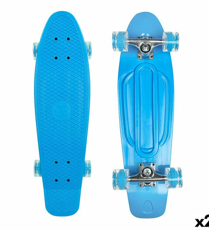 Two blue Colorbaby skateboards for kids, suitable for outdoor play and sports, featuring colorful deck designs.