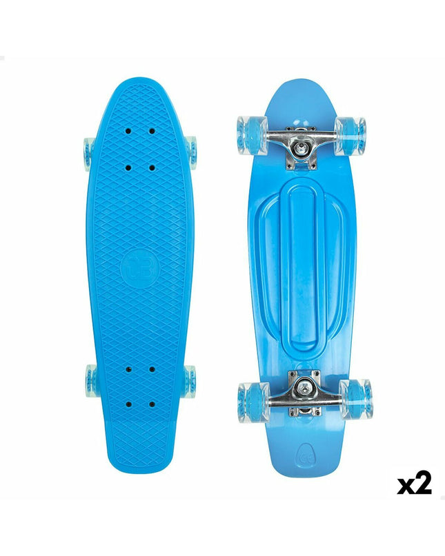 Two blue Colorbaby skateboards for kids, suitable for outdoor play and sports, featuring colorful deck designs.