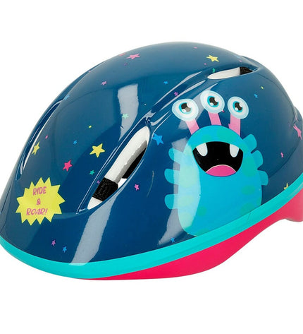 Colorbaby Monster children's bike helmets, sporty outdoor helmets with colorful monster designs, set of 4 for kids' cycling safety.