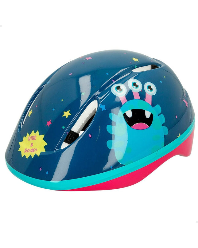 Colorbaby Monster children's bike helmets, sporty outdoor helmets with colorful monster designs, set of 4 for kids' cycling safety.