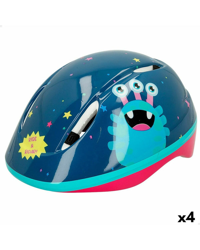 Colorbaby Monster bike helmets for kids, set of four, lightweight sport and outdoor safety helmets with colorful designs.