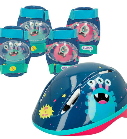 Colorbaby Monster cycling helmet and knee protectors set for outdoor sports, suitable for children, in vibrant colors.