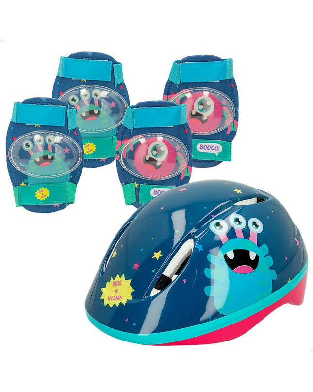 Colorbaby Monster cycling helmet and knee protectors set for outdoor sports, suitable for children, in vibrant colors.
