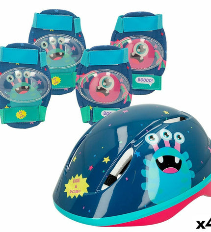 Colorbaby Monster helmet and knee protectors for cycling, featuring vibrant colors and adjustable straps for outdoor sports safety.