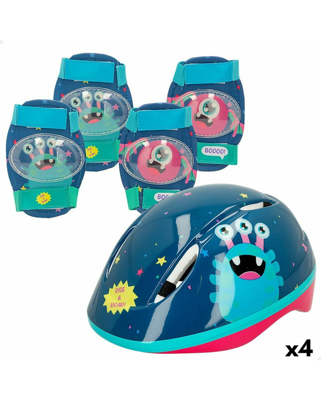 Colorbaby Monster helmet and knee protectors for cycling, featuring vibrant colors and adjustable straps for outdoor sports safety.