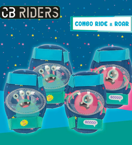 Colorbaby Monster helmet and knee protectors set for cycling, featuring colorful design and padded safety gear for outdoor sports.