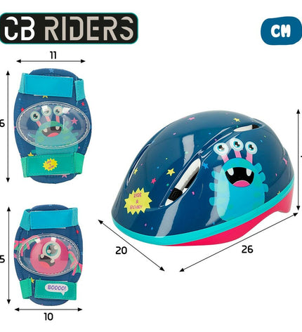 Colorbaby Monster helmet and knee protectors set for cycling, featuring colorful, padded protective gear for outdoor sports.