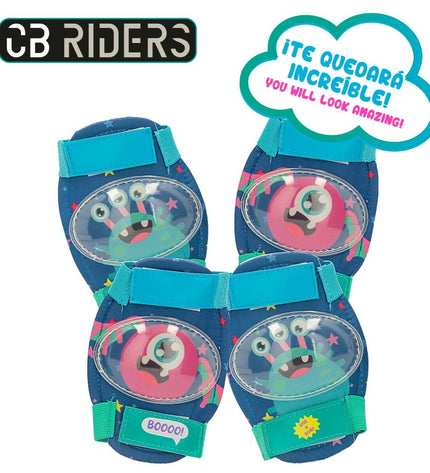 Colorbaby Monster bike helmet and knee protectors set for sports and outdoor cycling, in vibrant colors.