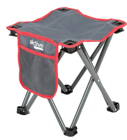 Set of four grey Aktive folding camping stools with compact 30x32x30 cm size, suitable for outdoor camping and hiking.