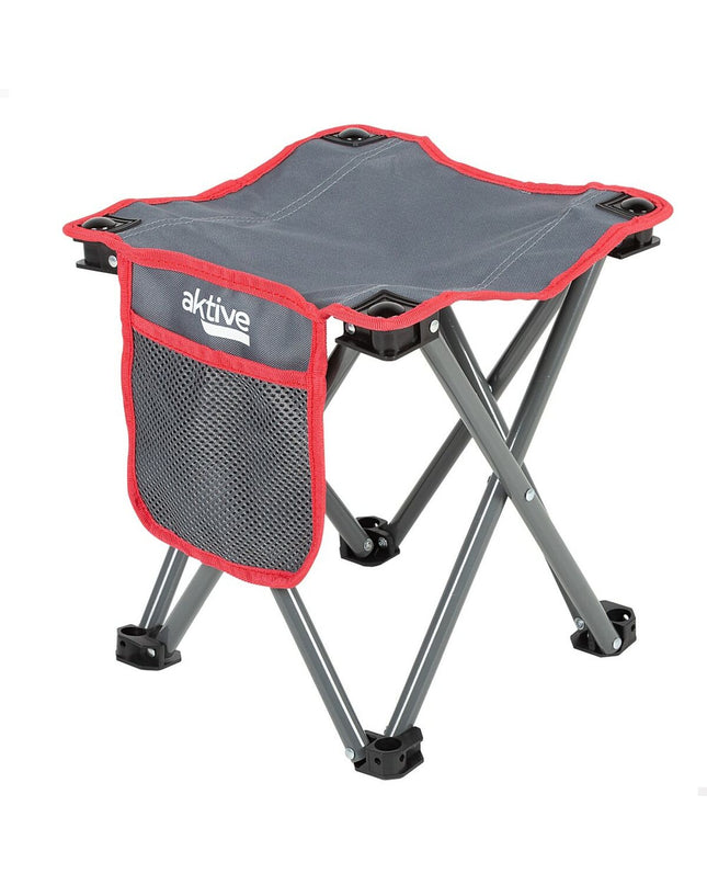 Set of four grey Aktive folding camping stools with compact 30x32x30 cm size, suitable for outdoor camping and hiking.