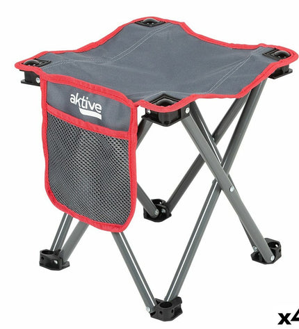 Set of four grey Kruk Aktive foldable camping stools, lightweight and compact for outdoor camping and hiking activities.