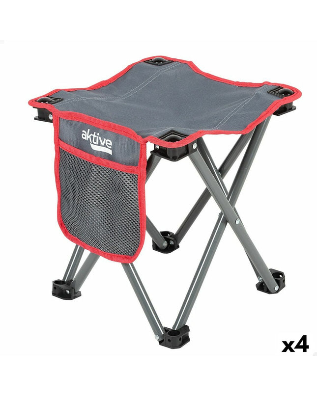 Set of four grey Kruk Aktive foldable camping stools, lightweight and compact for outdoor camping and hiking activities.
