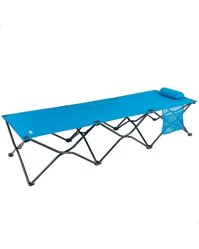 Pair of Aktive blue camping folding beds with dimensions 178x62x38 cm and 178x38x62 cm, suitable for outdoor camping and hiking.
