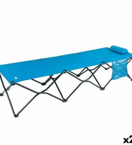 Two Aktive blue folding camping beds with metal frames, measuring 178x62x38 cm and 178x38x62 cm for outdoor camping.