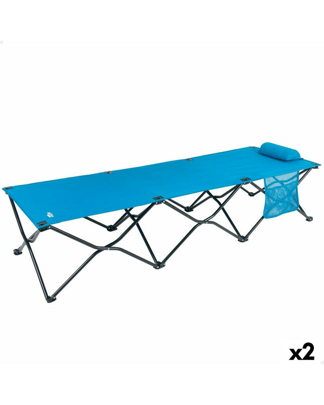 Two Aktive blue folding camping beds with metal frames, measuring 178x62x38 cm and 178x38x62 cm for outdoor camping.