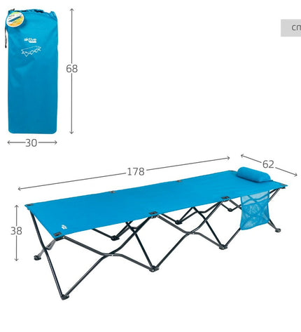 Pair of Aktive blue camping folding beds with dimensions 178x62x38 cm and 178x38x62 cm, suitable for outdoor camping and hiking.