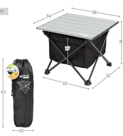 Two Aktive camping folding tables in gray, measuring 38x30x34 cm, suitable for outdoor camping and hiking activities.