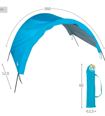 Blue Zonnetent Aktive polyester sunshade for beach, 360x120x150 cm, ideal for outdoor camping and beach outings.